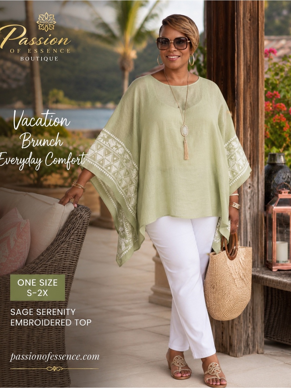 Sage Green Embroidered Resort Poncho Top | One Size S-2X